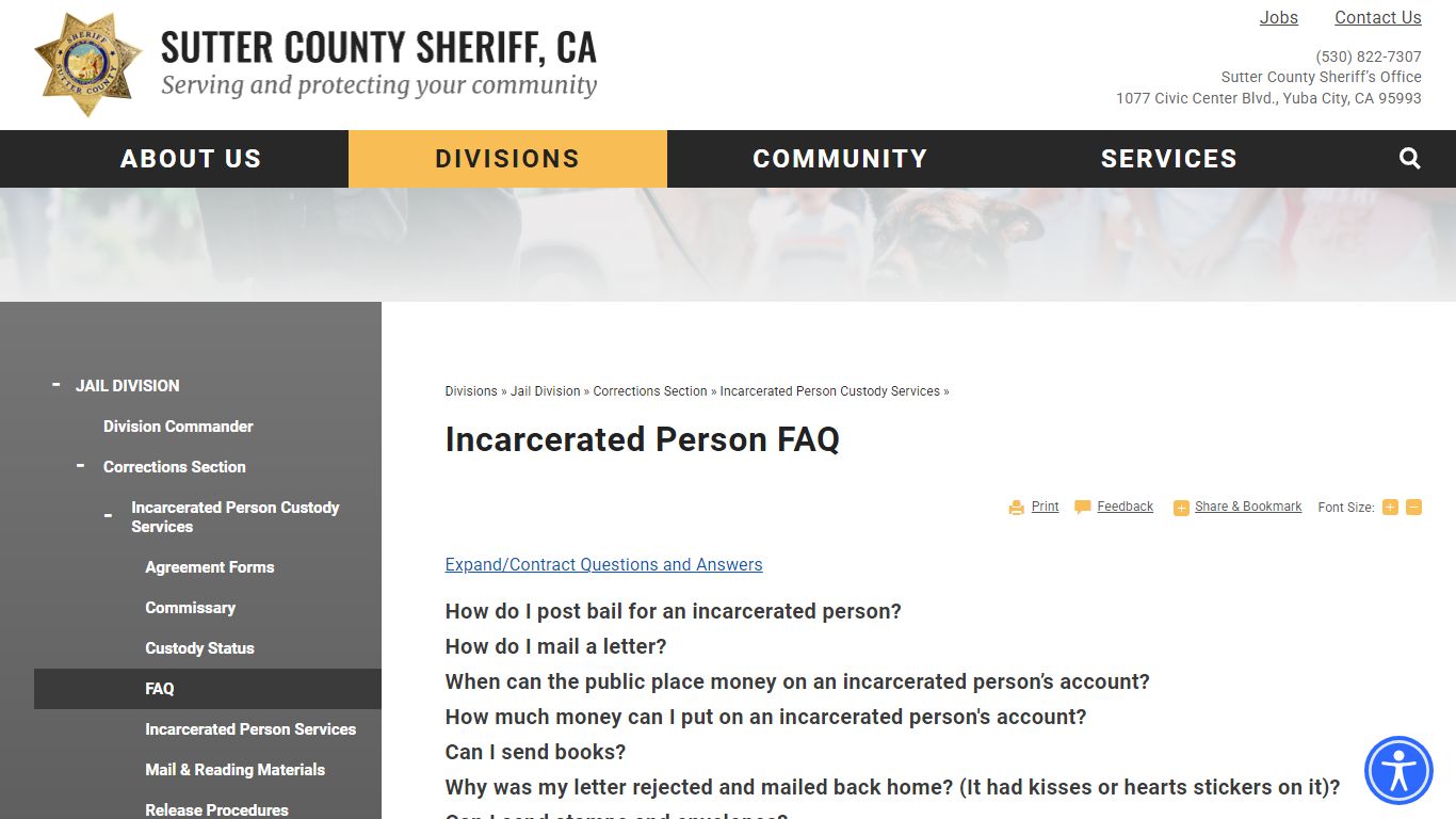 Inmate FAQ | Sutter County Sheriff, CA